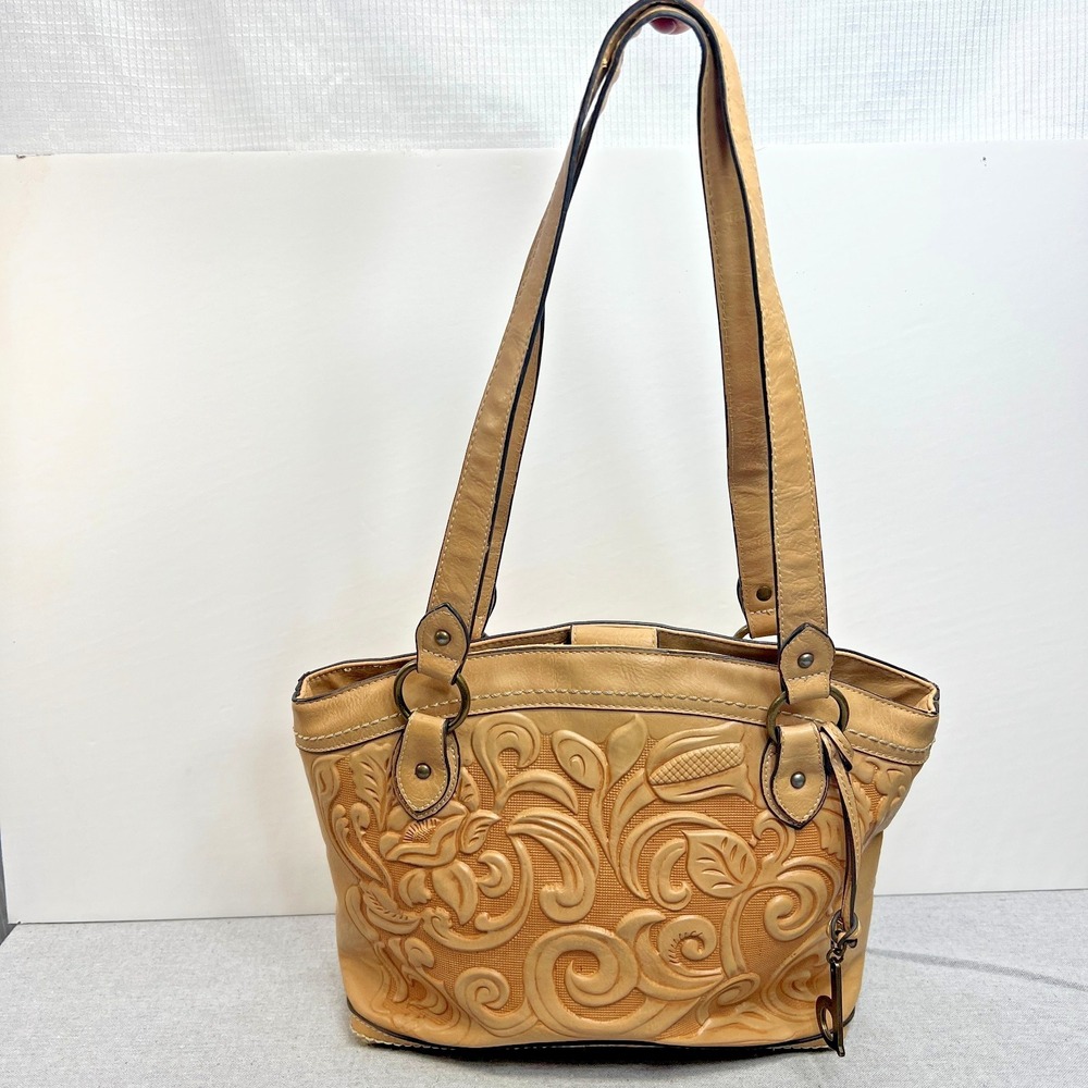 boc Double‎ Handle Handbag Beige Purse Born Concept Embossed Floral